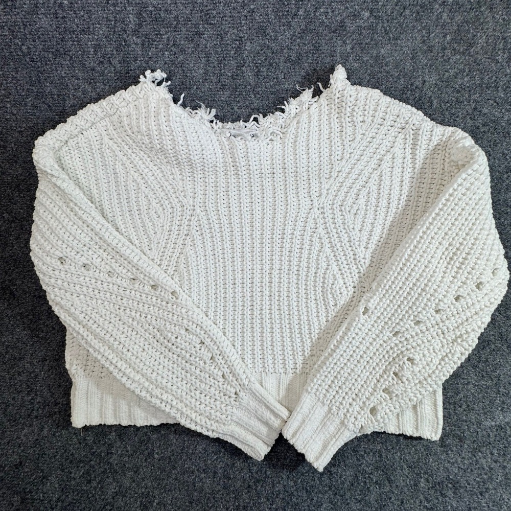 Hollister Womens XS White Chenille Cropped Sweater Frayed Neck Pointelle Knit